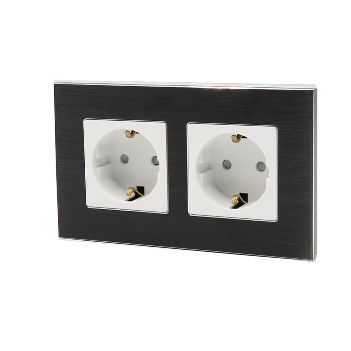 I LumoS Luxury Black Brushed Aluminium Frame 16A Schuko Double Socket UK & EU Standard