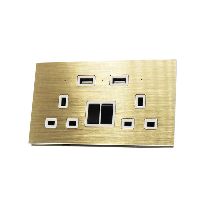 I LumoS Luxury Gold Brushed Panel 13A Switched UK Plug Double Socket with 3.1A Double USB Charger