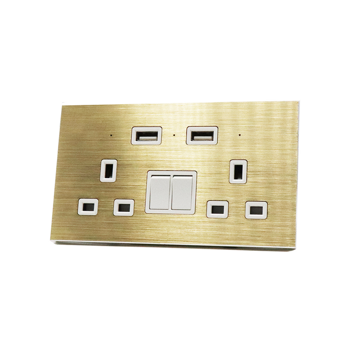 I LumoS Luxury Gold Brushed Panel 13A Switched UK Plug Double Socket with 3.1A Double USB Charger