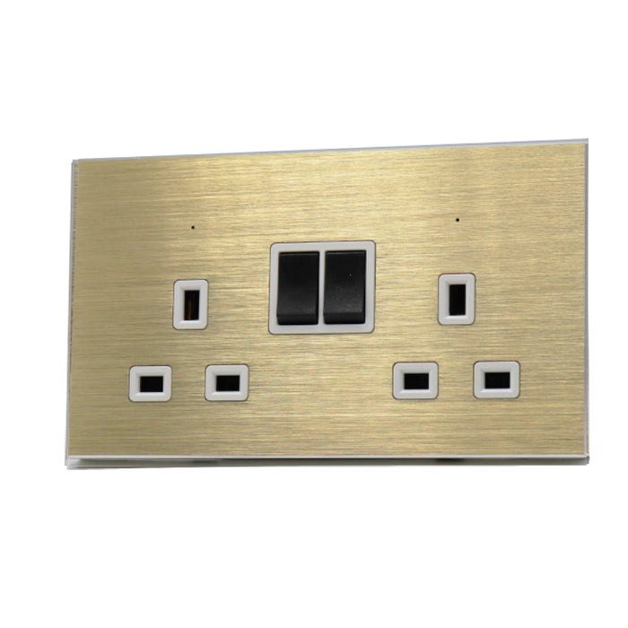 I LumoS Luxury Golden Brushed Aluminium 13A Switched UK Plug Double Socket