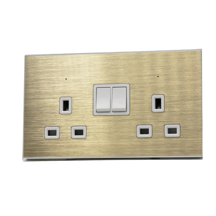 I LumoS Luxury Golden Brushed Aluminium 13A Switched UK Plug Double Socket