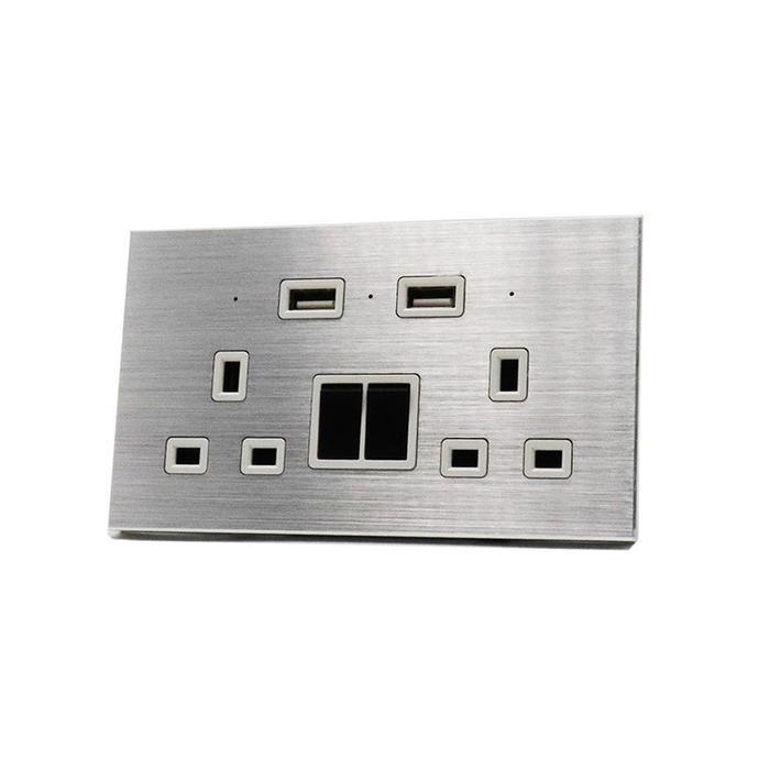 I LumoS Luxury Silver Brushed Panel 13A Switched UK Plug Double Socket with 3.1A Double USB Charger