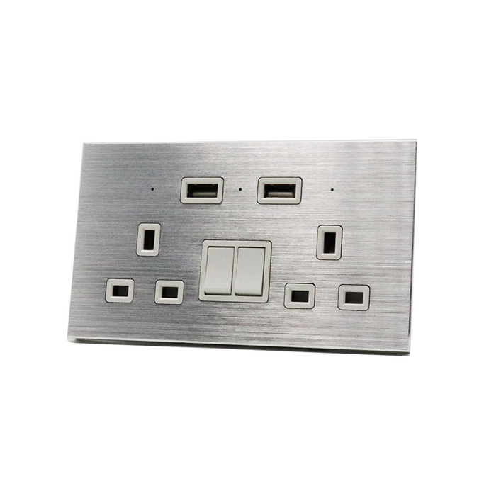 I LumoS Luxury Silver Brushed Panel 13A Switched UK Plug Double Socket with 3.1A Double USB Charger