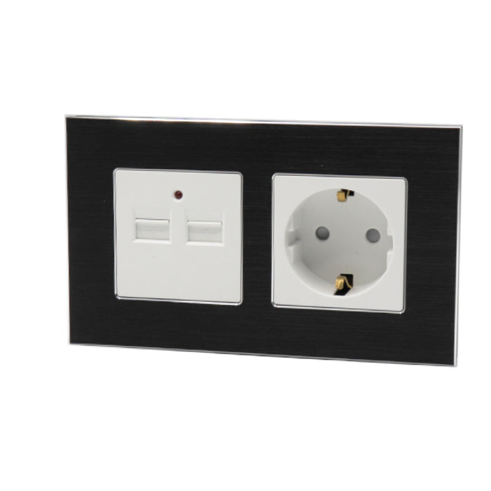 I LumoS Luxury Black Brushed Aluminium Frame 16A Schuko + 2.1A USB Double Socket UK & EU Standard