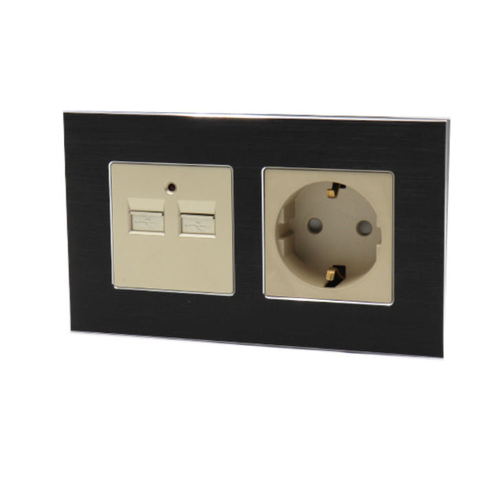 I LumoS Luxury Black Brushed Aluminium Frame 16A Schuko + 2.1A USB Double Socket UK & EU Standard