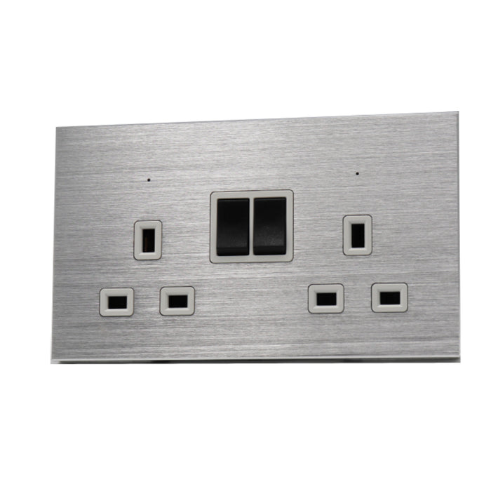 I LumoS Luxury Silver Brushed Aluminium 13A Switched UK Plug Double Socket