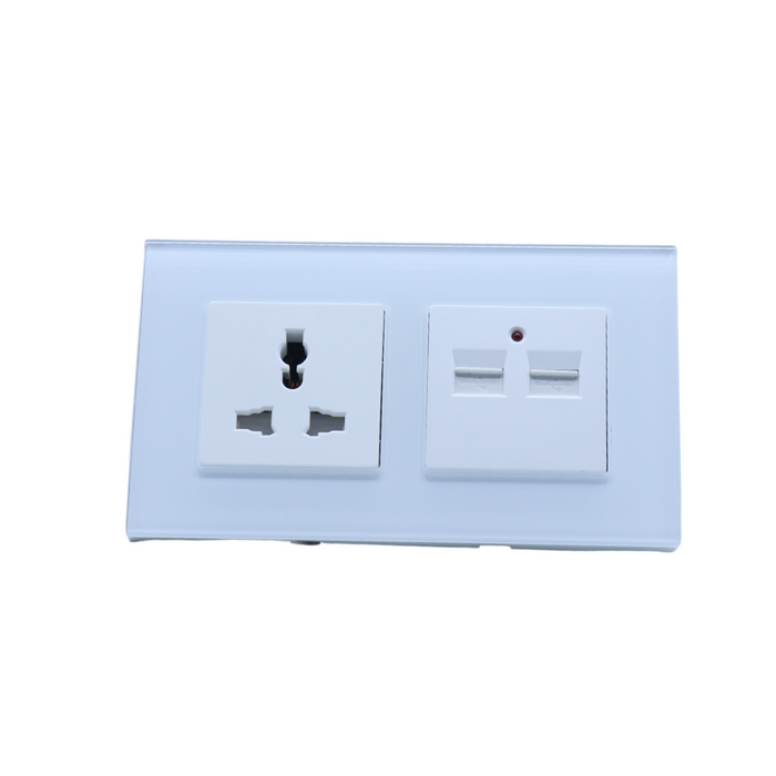 I LumoS AS Luxury White Glass Double 3 Pin Multi Plug Socket with 4.2A USB