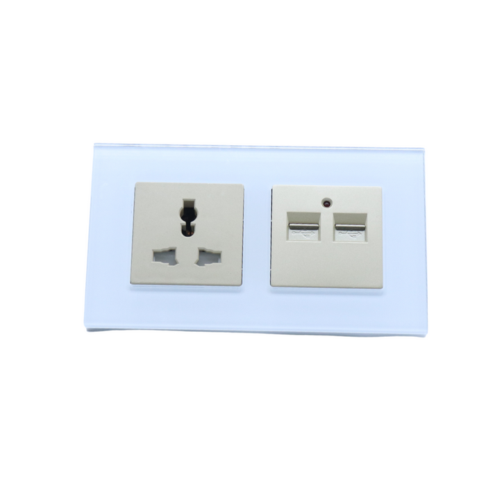 I LumoS AS Luxury White Glass Double 3 Pin Multi Plug Socket with 4.2A USB