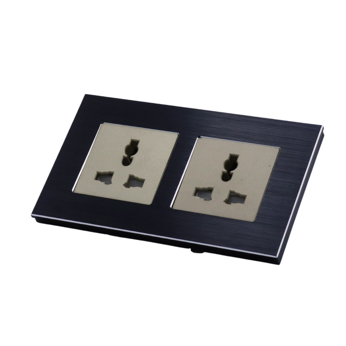 I LumoS Black Unswitched Brushed Aluminium 3 Pin Multiplug Wall Plug Double Socket