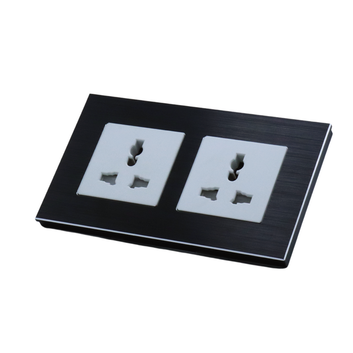 I LumoS Black Unswitched Brushed Aluminium 3 Pin Multiplug Wall Plug Double Socket