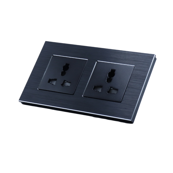 I LumoS Black Unswitched Brushed Aluminium 3 Pin Multiplug Wall Plug Double Socket