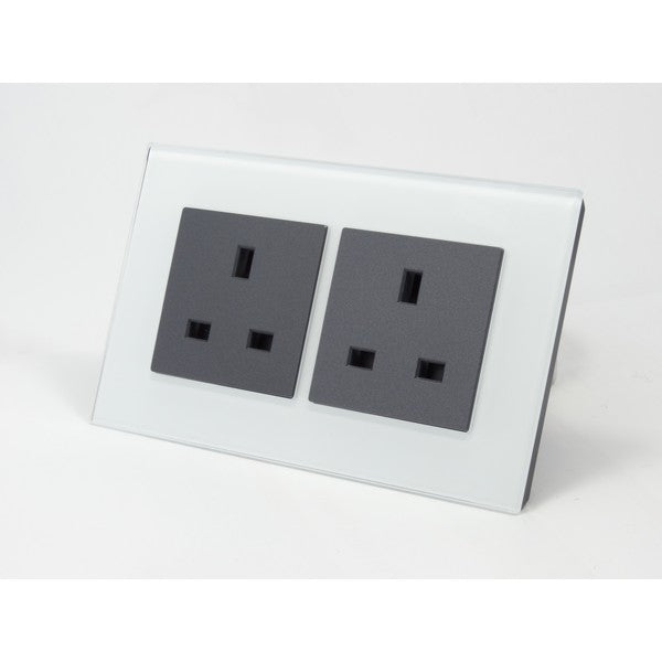 I LumoS AS Luxury White Glass Double Unswitched Wall Plug 13A UK Sockets