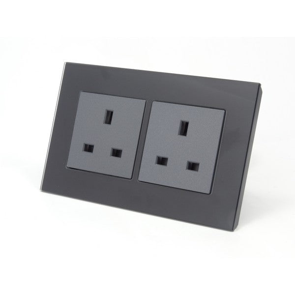 13A UK socket Double Black Glass Frame with Grey Inserts