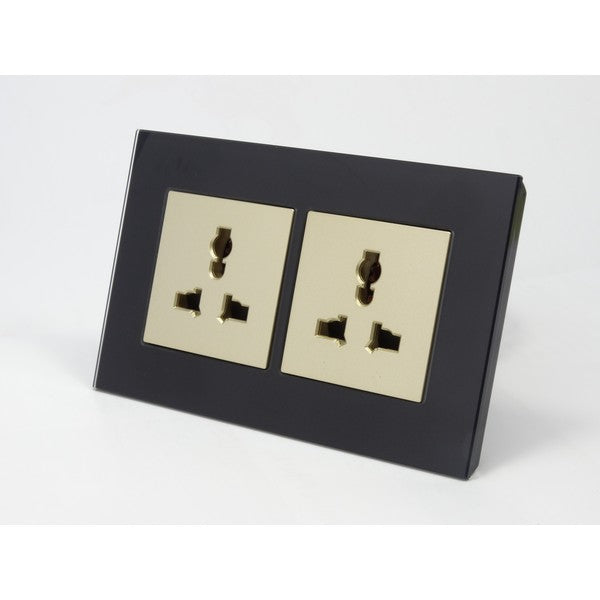 gold 3 pin multi plug double black glass socket