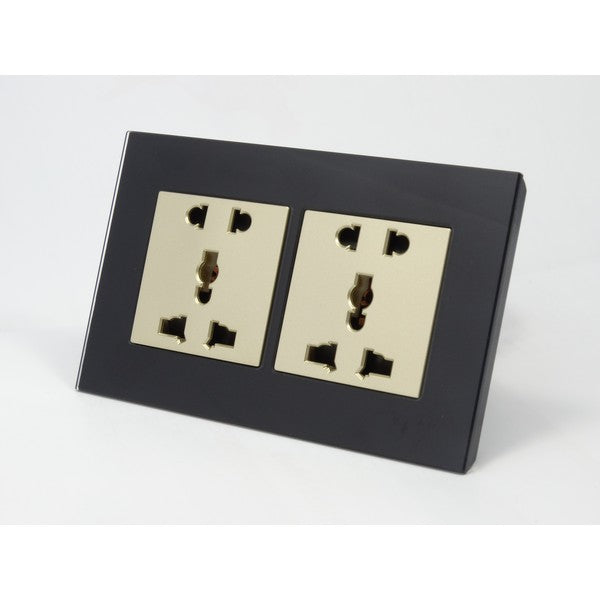 Double Black Glass Frame with gold 5 pin multi plug socket