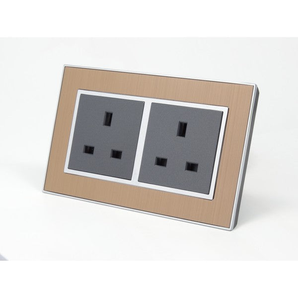 Gold Satin Metal Double Frame with dark grey insert of double uk socket