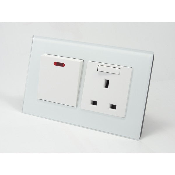 I LumoS AS Luxury White Glass Double 45A Switch with Switched 13A UK Socket