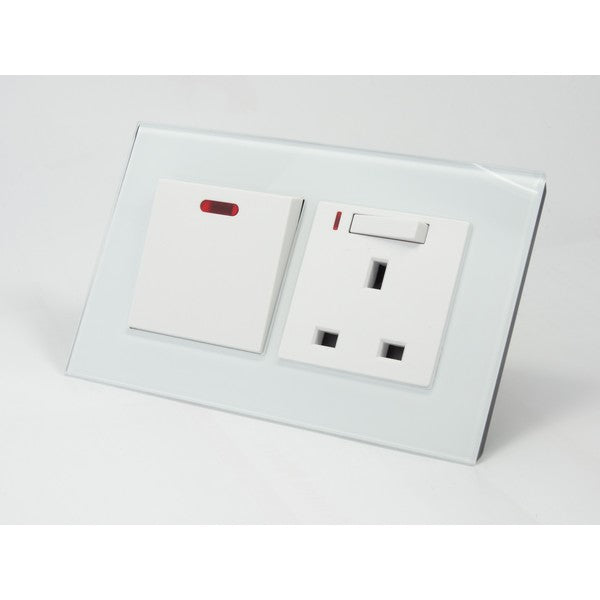 I LumoS AS Luxury White Glass Double Pole 20A Switch with Switched Neon 13A UK Socket