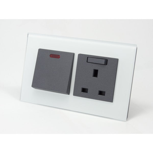 I LumoS AS Luxury White Glass Double 45A Switch with Switched 13A UK Socket