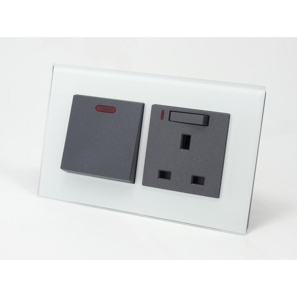 I LumoS AS Luxury White Glass Double Pole 20A Switch with Switched Neon 13A UK Socket