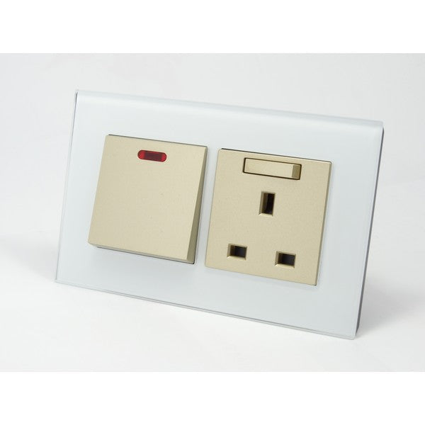 I LumoS AS Luxury White Glass Double Pole 20A Switch with Switched 13A UK Socket