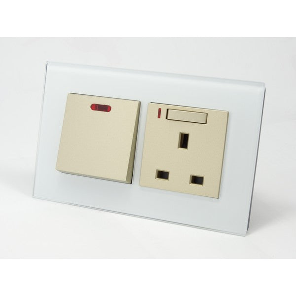 I LumoS AS Luxury White Glass Double Pole 20A Switch with Switched Neon 13A UK Socket