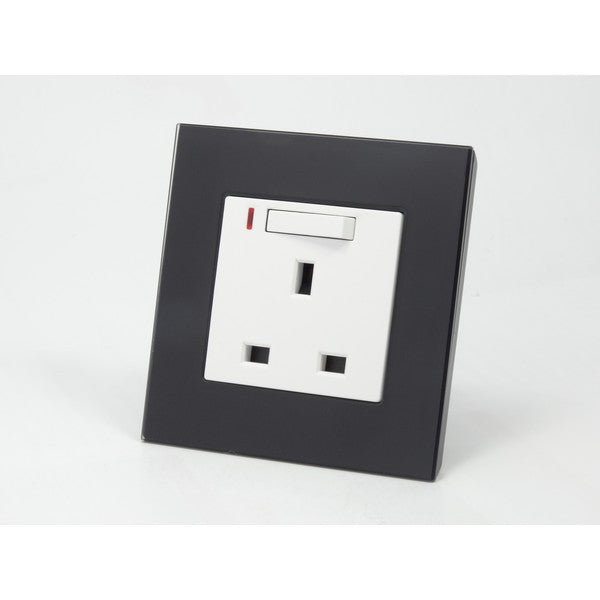 Black glass single frame and white insert UK socket with switch and neon