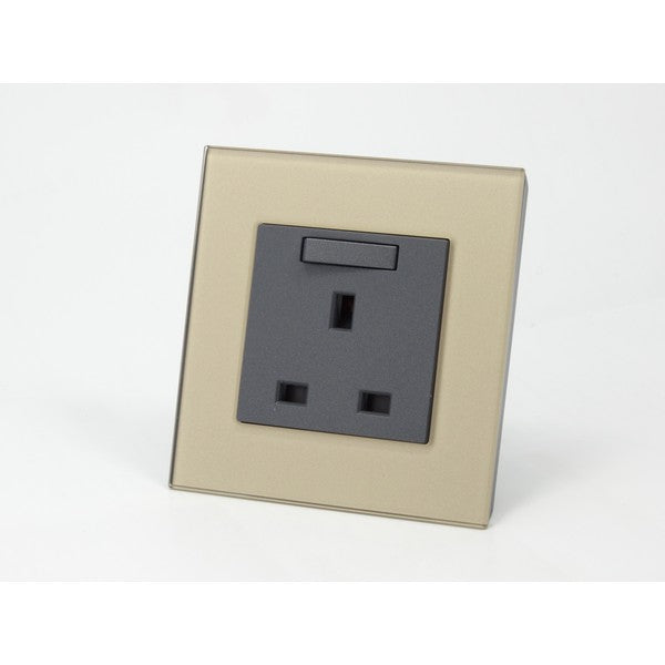 Gold Glass Single Frame with dark grey insert of switched uk socket