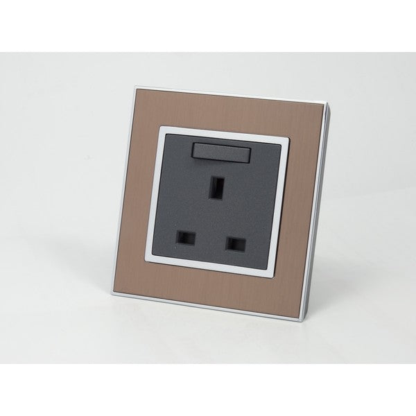 Gold Satin Metal Single Frame with dark grey insert of switched uk socket