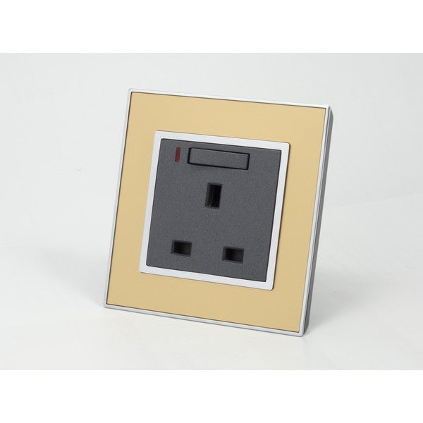 Gold Mirror Glass Single Frame with dark grey insert of neon switched uk socket