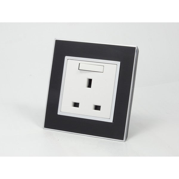 Black Mirror Glass Single Switched UK White 13A Socket