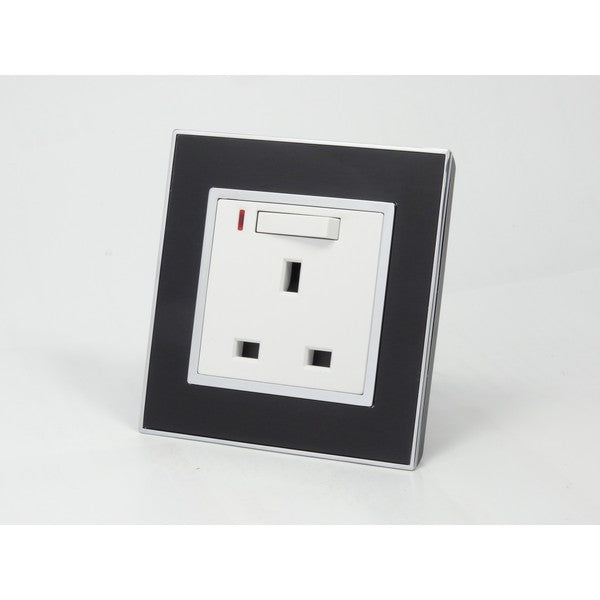 Black Mirror Glass Single Switched with Neon UK White 13A Socket 