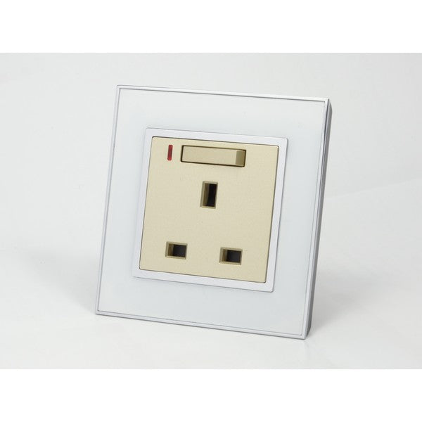 I LumoS AS Luxury White Mirror Glass Single Switched with Neon Wall Plug 13A UK Sockets