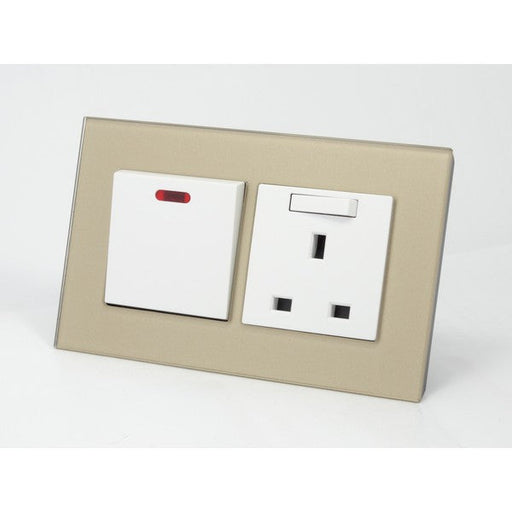 Gold Glass Double Frame with White inserts of Switch and Switched UK socket