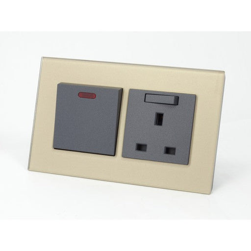 Gold Glass Double Frame with Dark Grey inserts of Switch and Switched UK socket