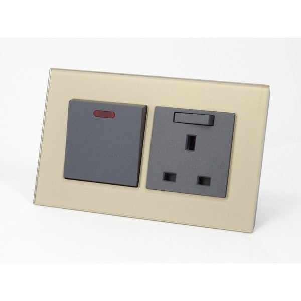 Gold Glass Double Frame with dark grey inserts of switch neon and switched UK socket