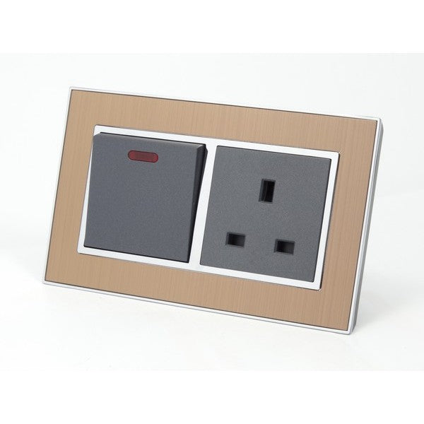 Satin Gold metal double frame with Grey inserts switch with neon and uk socket