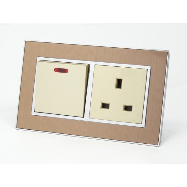 Satin Gold metal double frame with Gold inserts switch with neon and uk socket