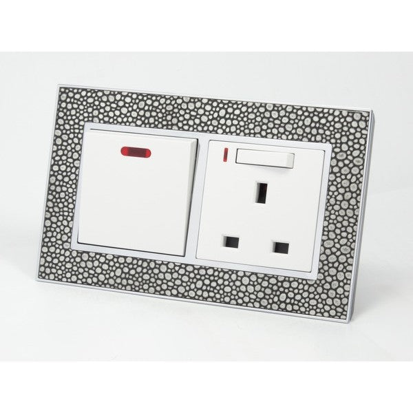 pearl leather double frame with white insert of double switch and switched neon UK socket