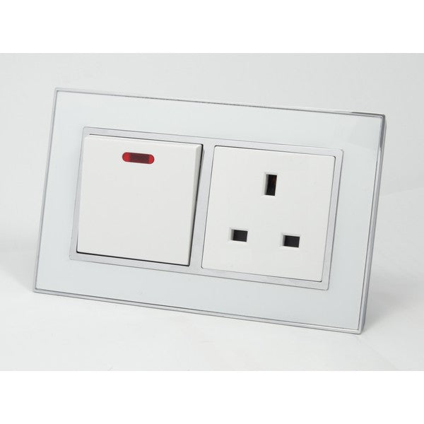 I LumoS AS Luxury White Mirror Glass Double Pole 20A Switch with Unswitched 13A UK Socket