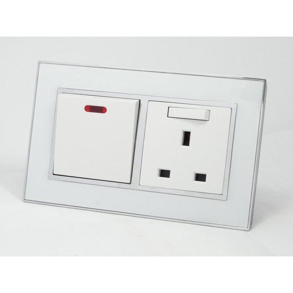 I LumoS AS Luxury White Mirror Glass Double Pole 20A Switch with Switched 13A UK Socket