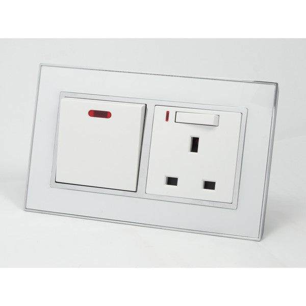 I LumoS AS Luxury White Mirror Glass Double Pole 20A Switch with Switched Neon 13A UK Socket