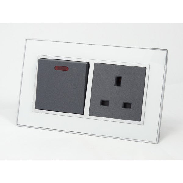 I LumoS AS Luxury White Mirror Glass Double 45A Switch with Unswitched 13A UK Socket