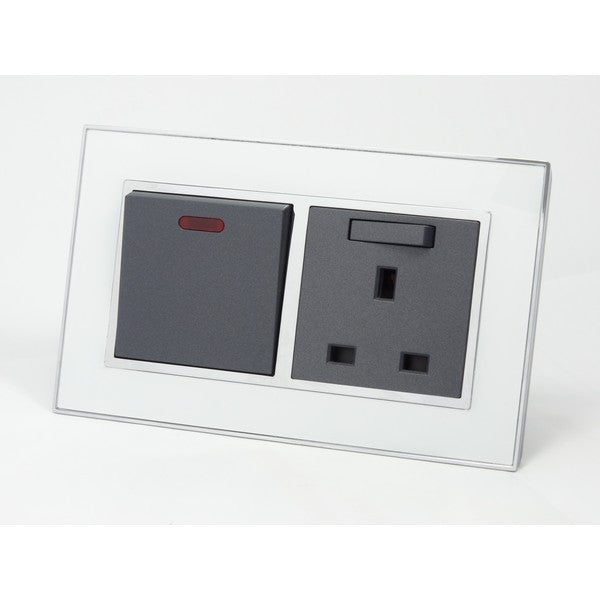 I LumoS AS Luxury White Mirror Glass Double Pole 20A Switch with Switched 13A UK Socket