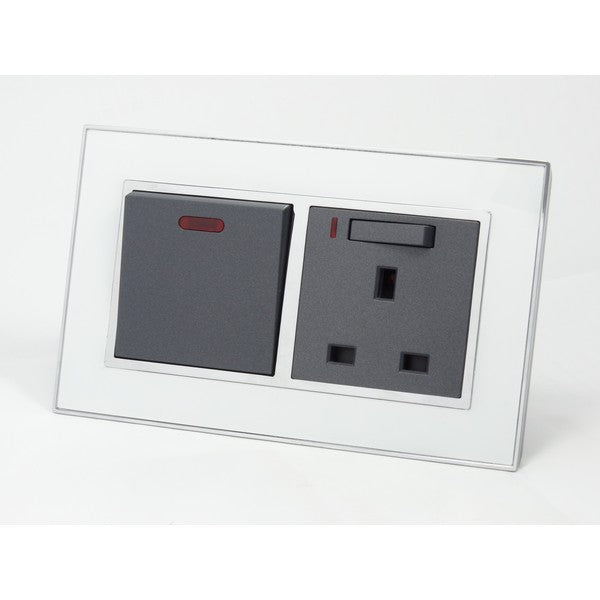 I LumoS AS Luxury White Mirror Glass Double 45A Switch with Switched Neon 13A UK Socket