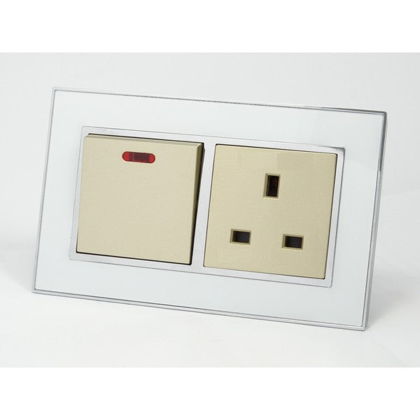 I LumoS AS Luxury White Mirror Glass Double Pole 20A Switch with Unswitched 13A UK Socket