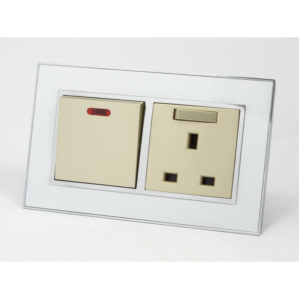 I LumoS AS Luxury White Mirror Glass Double Pole 20A Switch with Switched 13A UK Socket