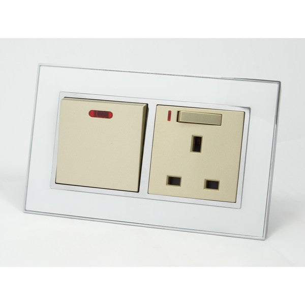 I LumoS AS Luxury White Mirror Glass Double 45A Switch with Switched Neon 13A UK Socket