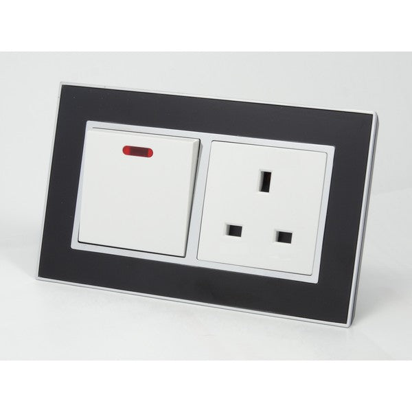 black glass mirror double frame with white 20A switch with neon and UK socket