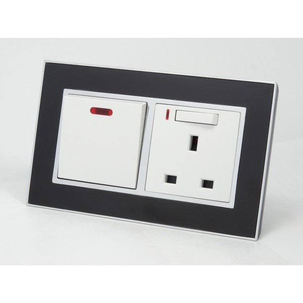 Double Black Glass Mirror Socket with white UK Socket switch and neon and with 45A Switch with neon